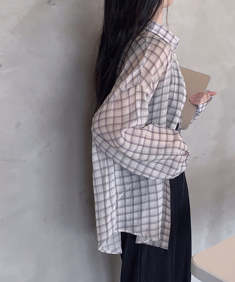 살안타템으로 딱플랫 썸머 빈티지 체크 시스루 왕오버핏 셔츠 남방 아이보리