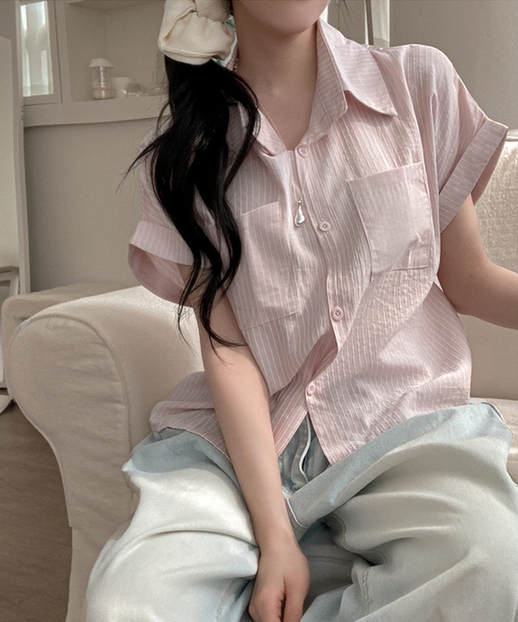 더블 포켓 스트라이프 카브라 반팔 남방 셔츠 핑크