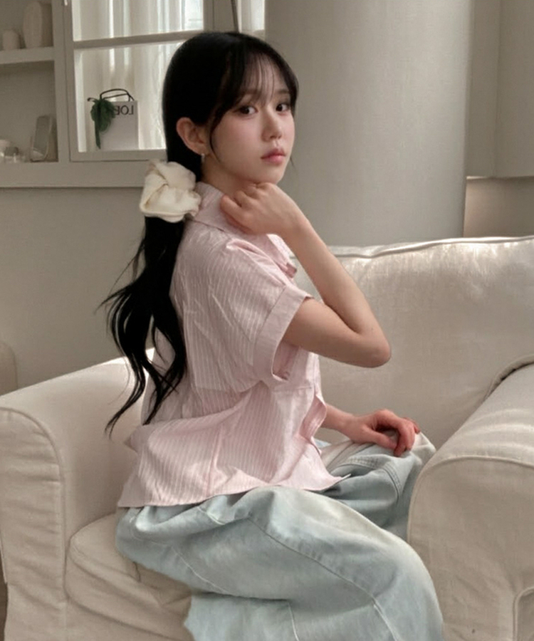 더블 포켓 스트라이프 카브라 반팔 남방 셔츠 핑크