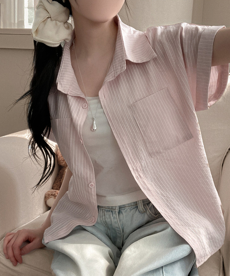 더블 포켓 스트라이프 카브라 반팔 남방 셔츠 핑크