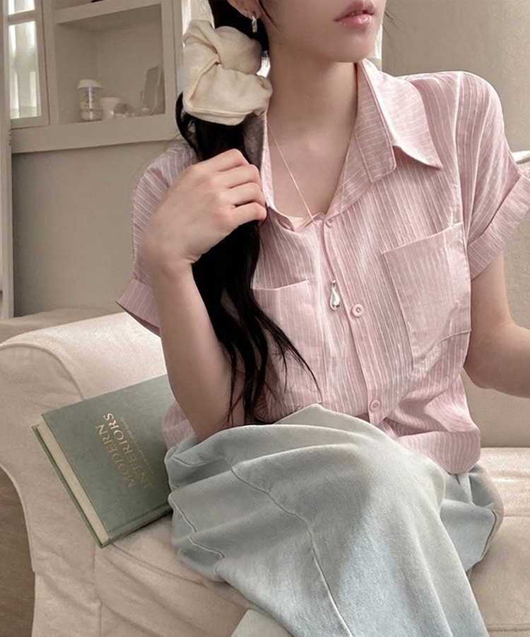 더블 포켓 스트라이프 카브라 반팔 남방 셔츠 핑크
