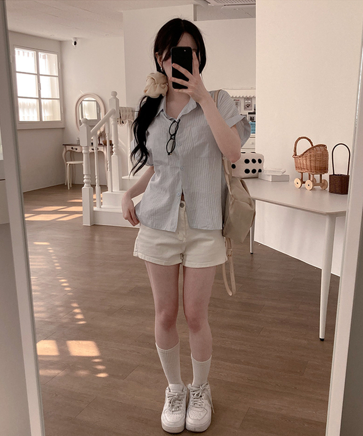 더블 포켓 스트라이프 카브라 반팔 남방 셔츠 소라
