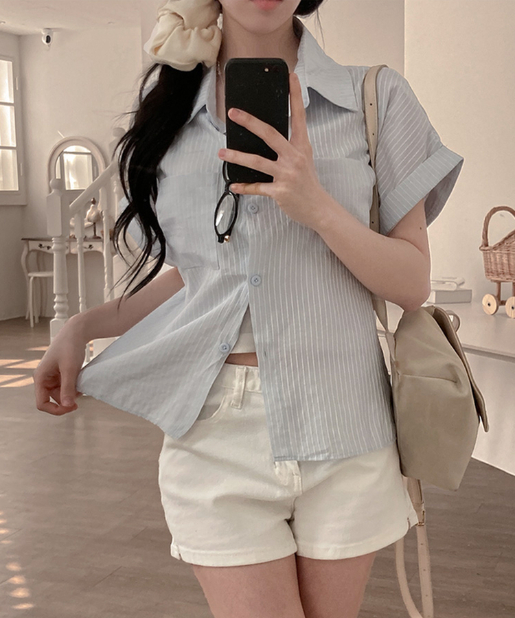 더블 포켓 스트라이프 카브라 반팔 남방 셔츠 소라