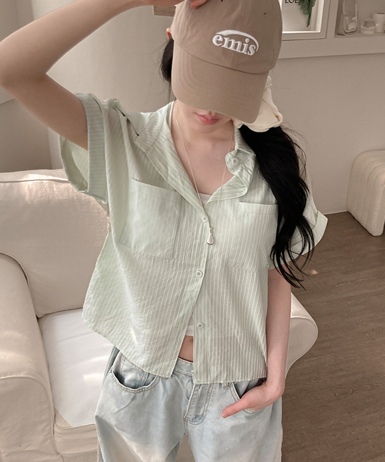 더블 포켓 스트라이프 카브라 반팔 남방 셔츠 민트