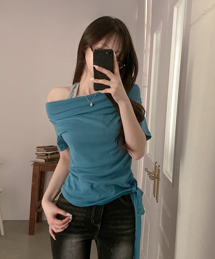 다이아 홀터 레이어드 배색 매듭 드레이프 반팔 티셔츠 아쿠아