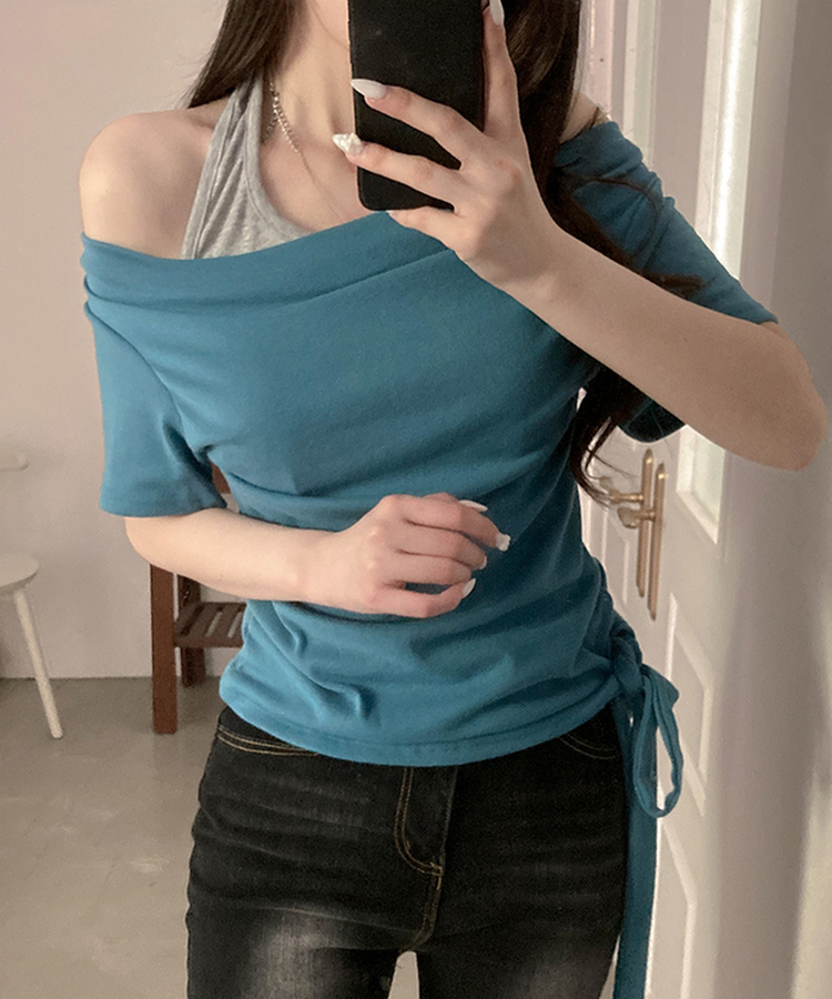 다이아 홀터 레이어드 배색 매듭 드레이프 반팔 티셔츠 아쿠아