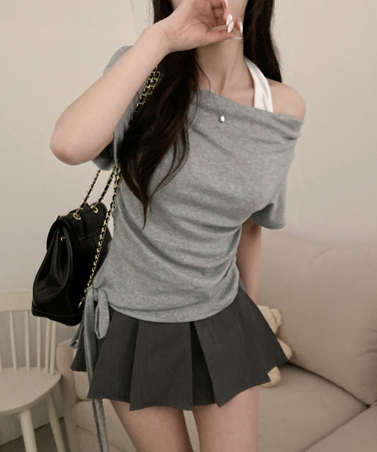 다이아 홀터 레이어드 배색 매듭 드레이프 반팔 티셔츠 그레이
