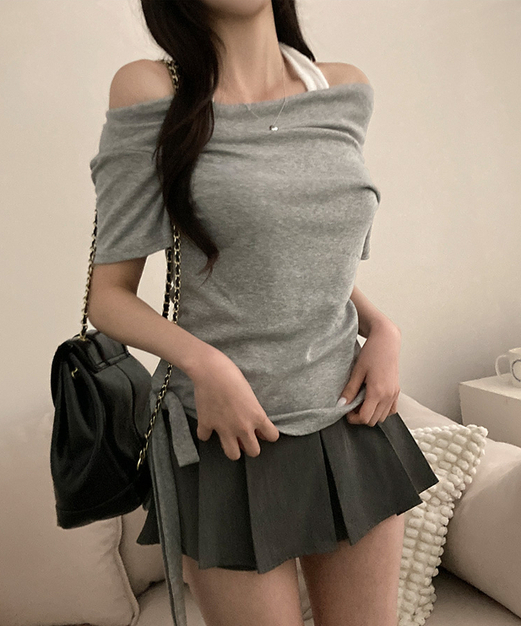 다이아 홀터 레이어드 배색 매듭 드레이프 반팔 티셔츠 그레이