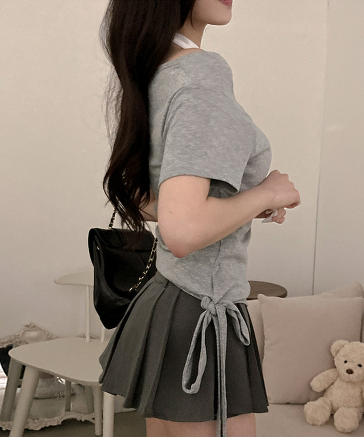 다이아 홀터 레이어드 배색 매듭 드레이프 반팔 티셔츠 그레이