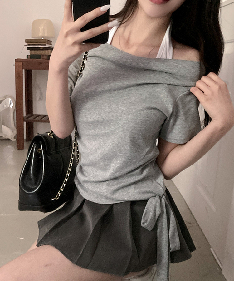 다이아 홀터 레이어드 배색 매듭 드레이프 반팔 티셔츠 그레이