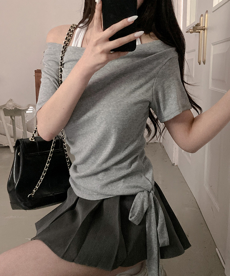다이아 홀터 레이어드 배색 매듭 드레이프 반팔 티셔츠 그레이