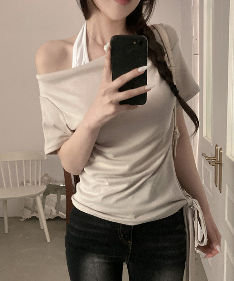 다이아 홀터 레이어드 배색 매듭 드레이프 반팔 티셔츠 베이지