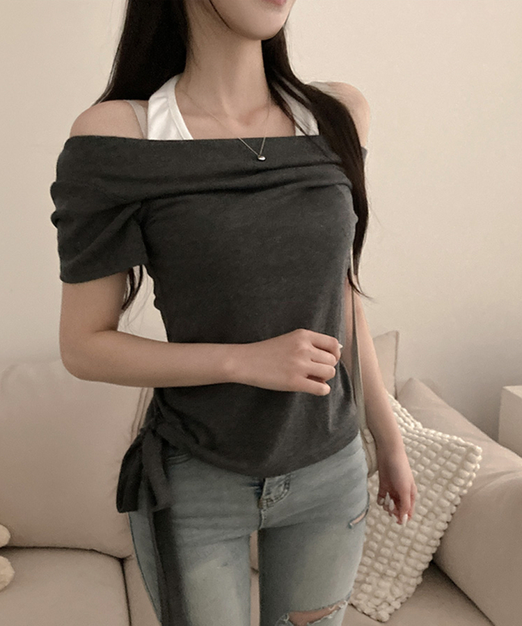 다이아 홀터 레이어드 배색 매듭 드레이프 반팔 티셔츠 차콜