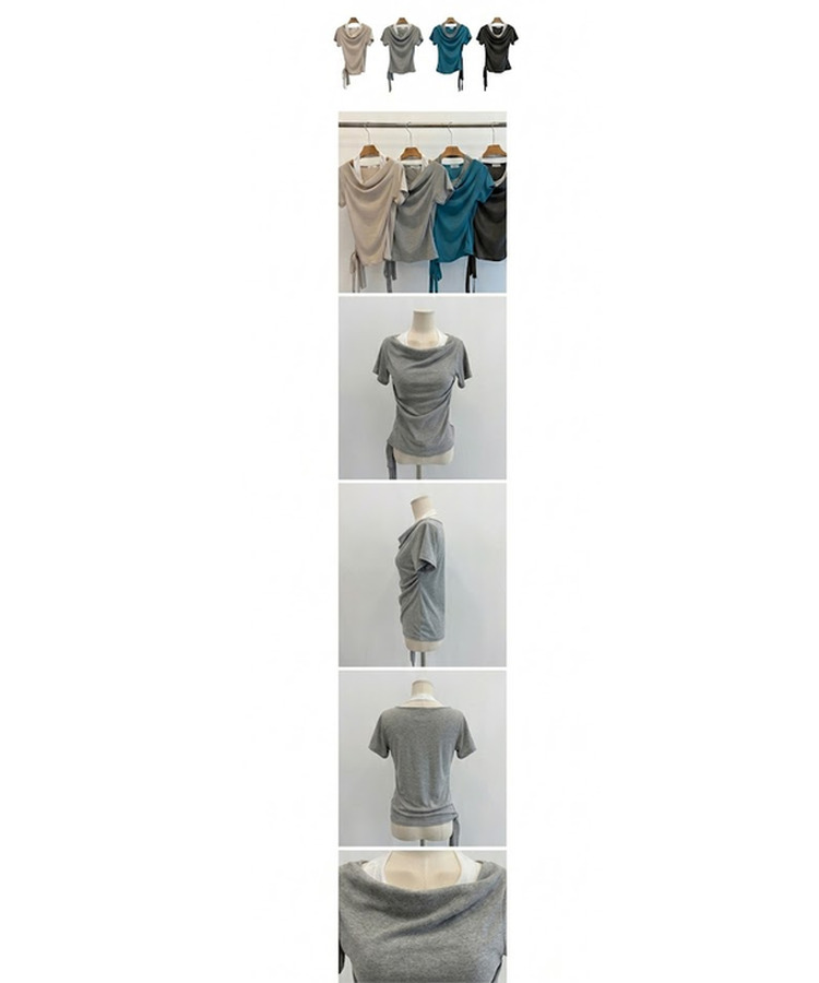다이아 홀터 레이어드 배색 매듭 드레이프 반팔 티셔츠