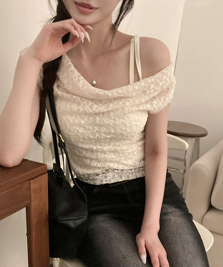 멜로디 레이스 오프숄더 나시 반팔 투피스 세트 크림