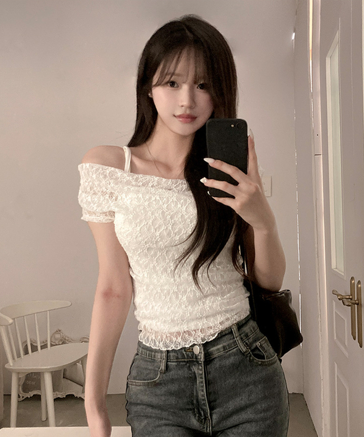 멜로디 레이스 오프숄더 나시 반팔 투피스 세트 아이보리