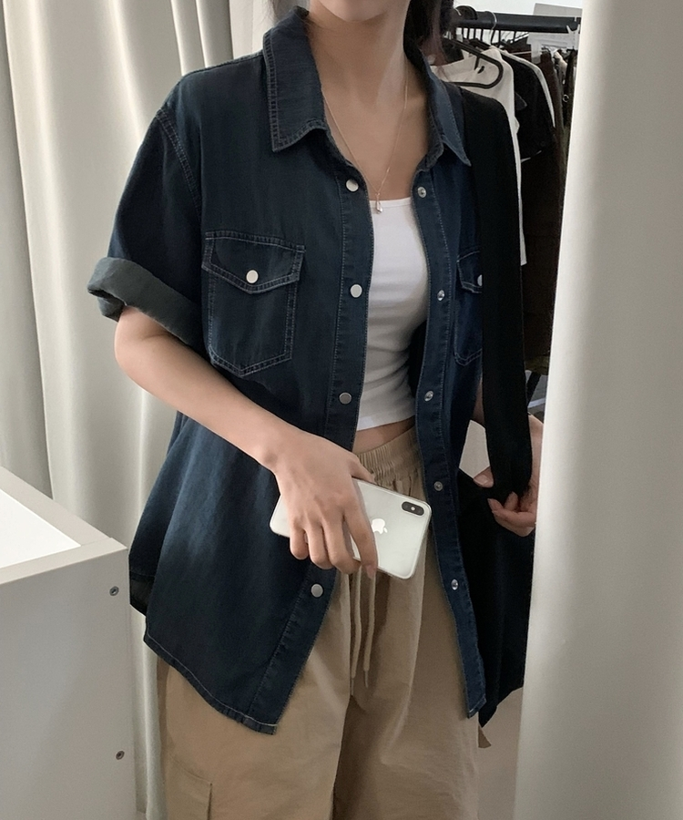 [2사이즈*.*/시원한소재!] 빈티지 데님 루즈핏 포켓 반팔셔츠,남방 - 3color 진청