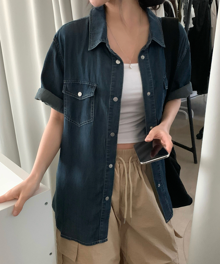 [2사이즈*.*/시원한소재!] 빈티지 데님 루즈핏 포켓 반팔셔츠,남방 - 3color 진청