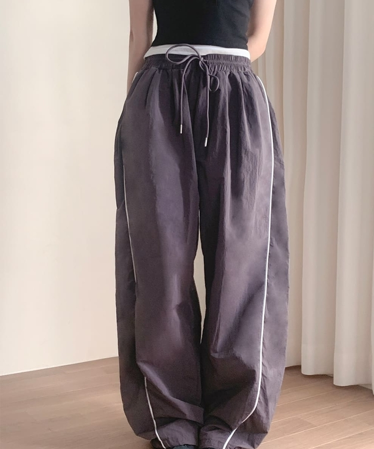 【丈別】ラインストリングジョガーワイドパンツ CHARCOAL