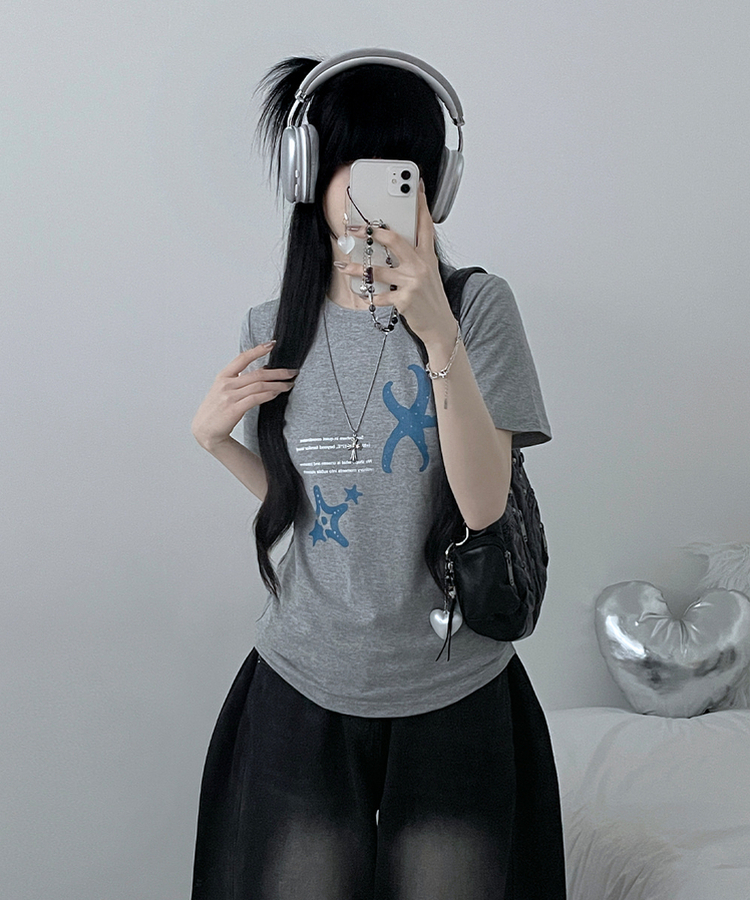 블루스타피쉬프린팅세미크롭반팔티셔츠 메란지