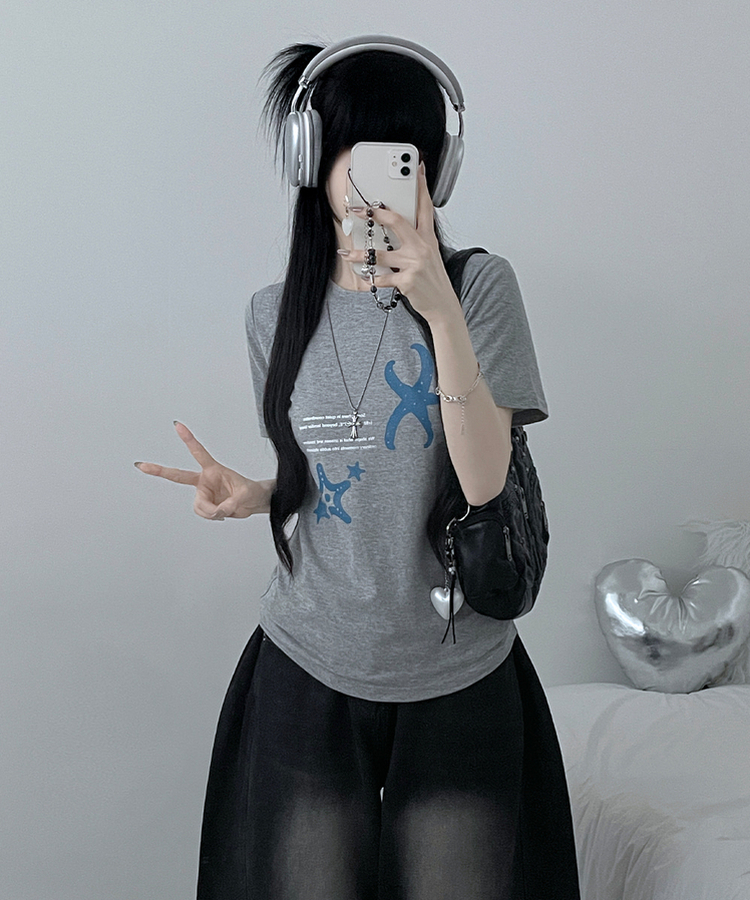 블루스타피쉬프린팅세미크롭반팔티셔츠 메란지