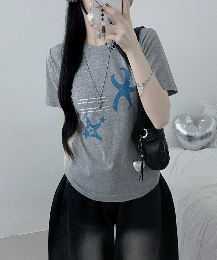 블루스타피쉬프린팅세미크롭반팔티셔츠 메란지