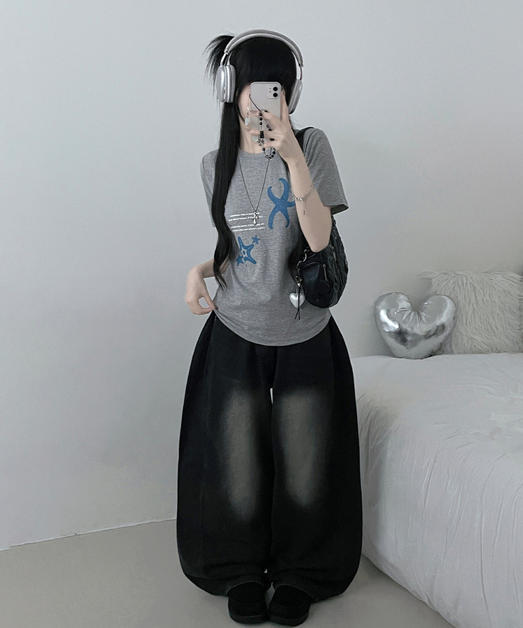 블루스타피쉬프린팅세미크롭반팔티셔츠 메란지