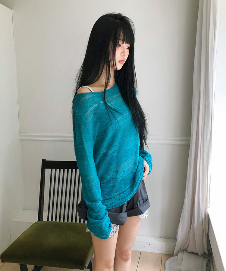 ワンショルダーロングスリーブニット(5color) BLUE