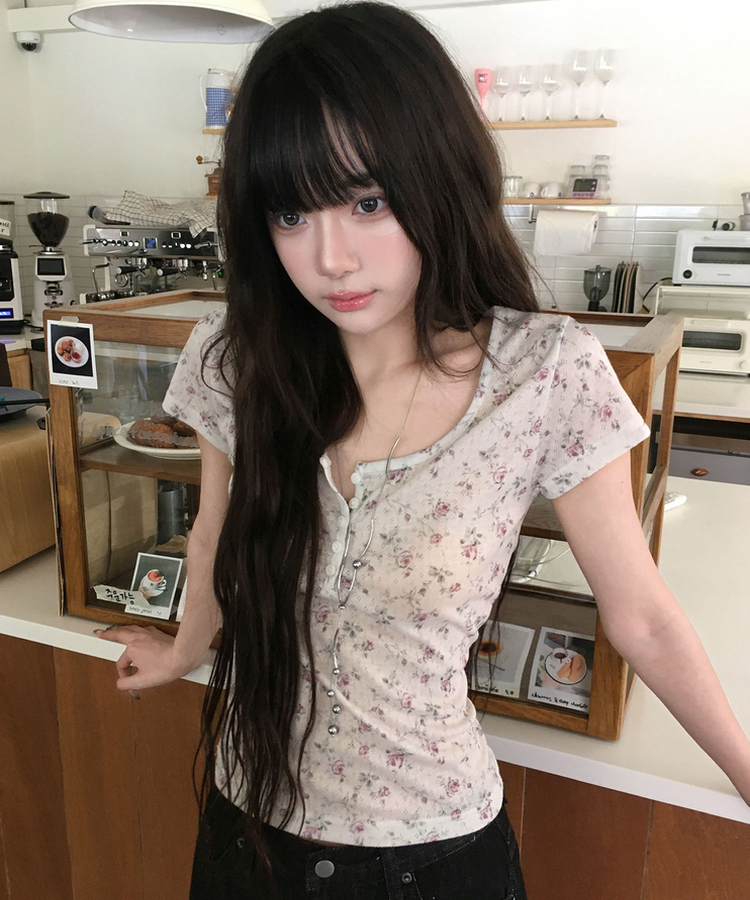 히더 플라워 반팔 단추 티셔츠3color 오트밀