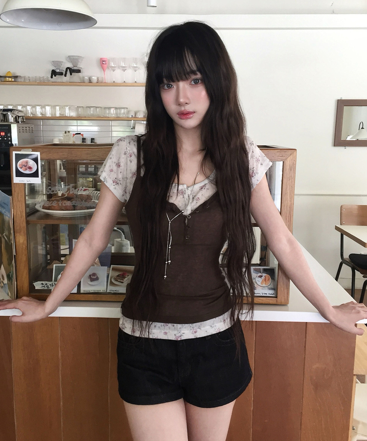 히더 플라워 반팔 단추 티셔츠3color 오트밀