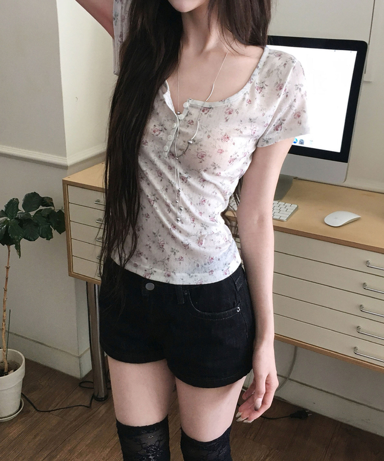 히더 플라워 반팔 단추 티셔츠3color 오트밀