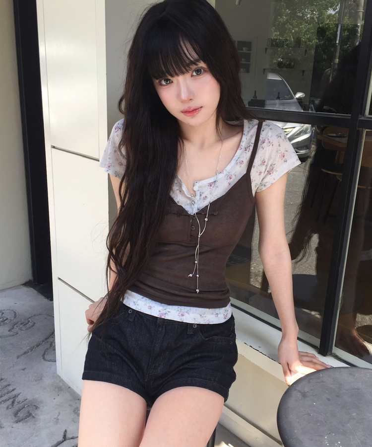 히더 플라워 반팔 단추 티셔츠3color 오트밀