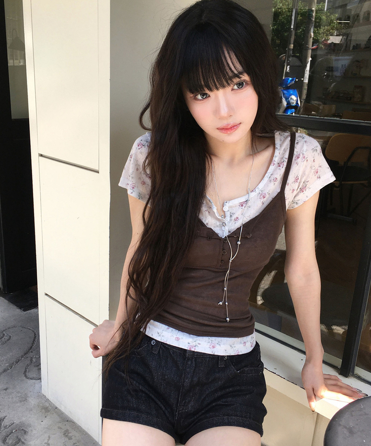 히더 플라워 반팔 단추 티셔츠3color 오트밀