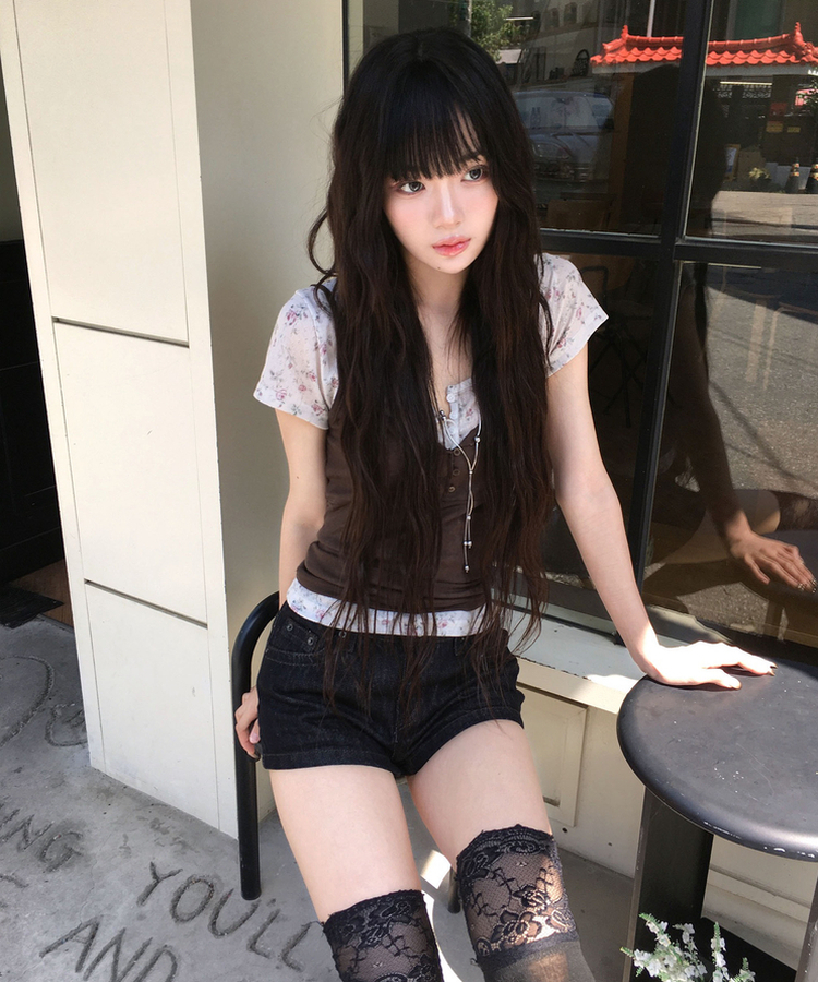 히더 플라워 반팔 단추 티셔츠3color 오트밀