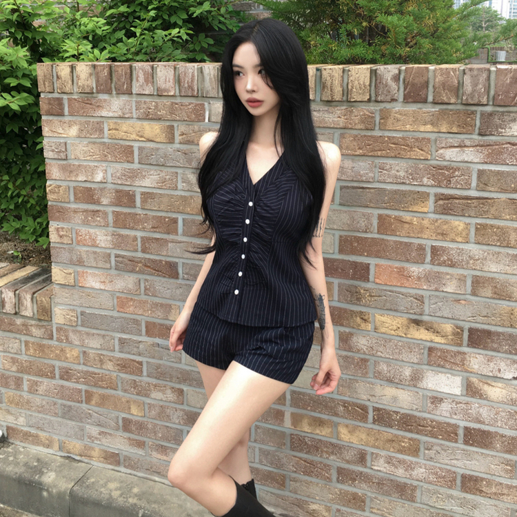 SET】ストライプシャーリングホルターネックシャツ ショートパンツ