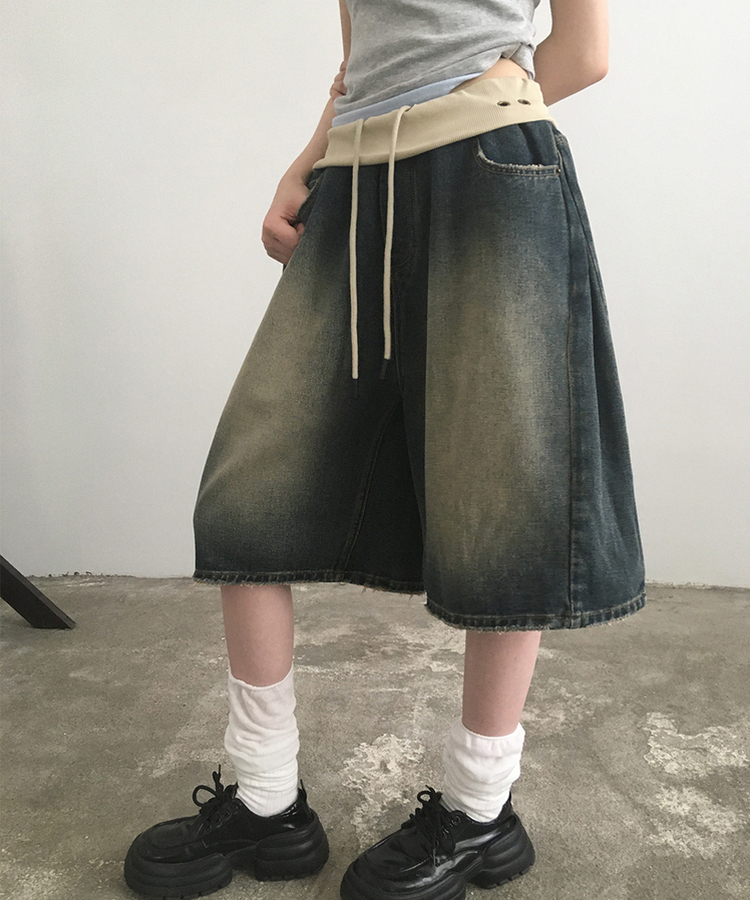 アイレットダメージバミューダデニムパンツ MID DENIM