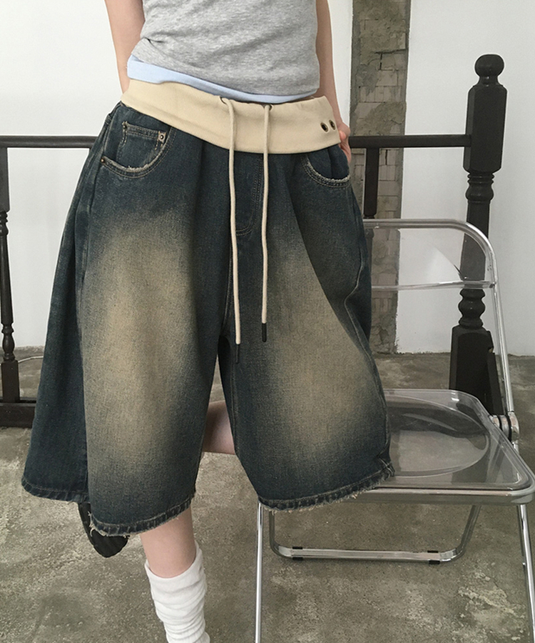 アイレットダメージバミューダデニムパンツ MID DENIM