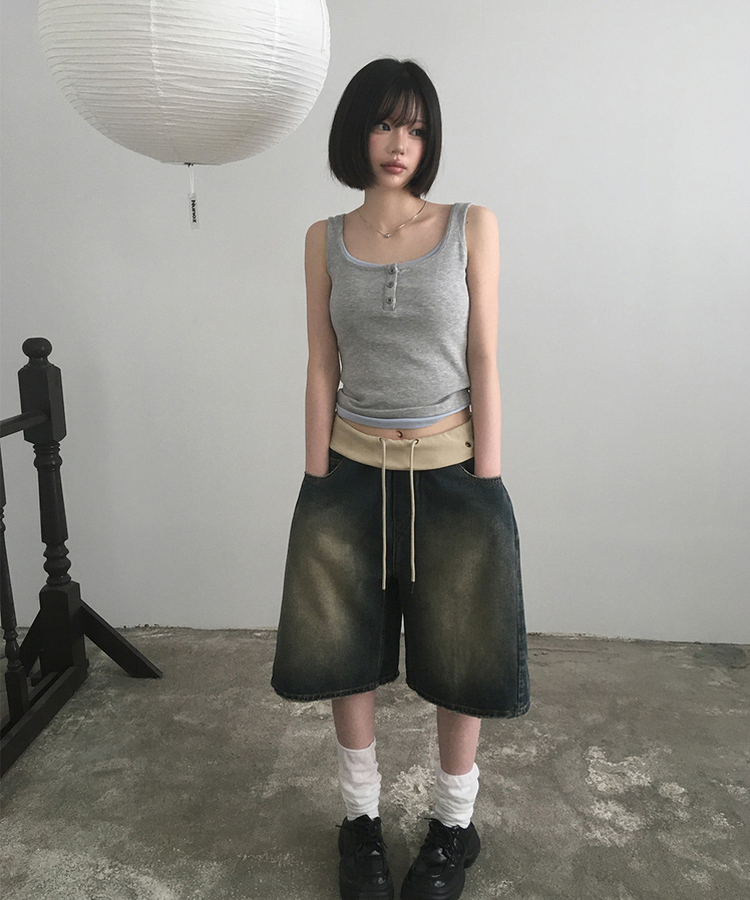 アイレットダメージバミューダデニムパンツ MID DENIM