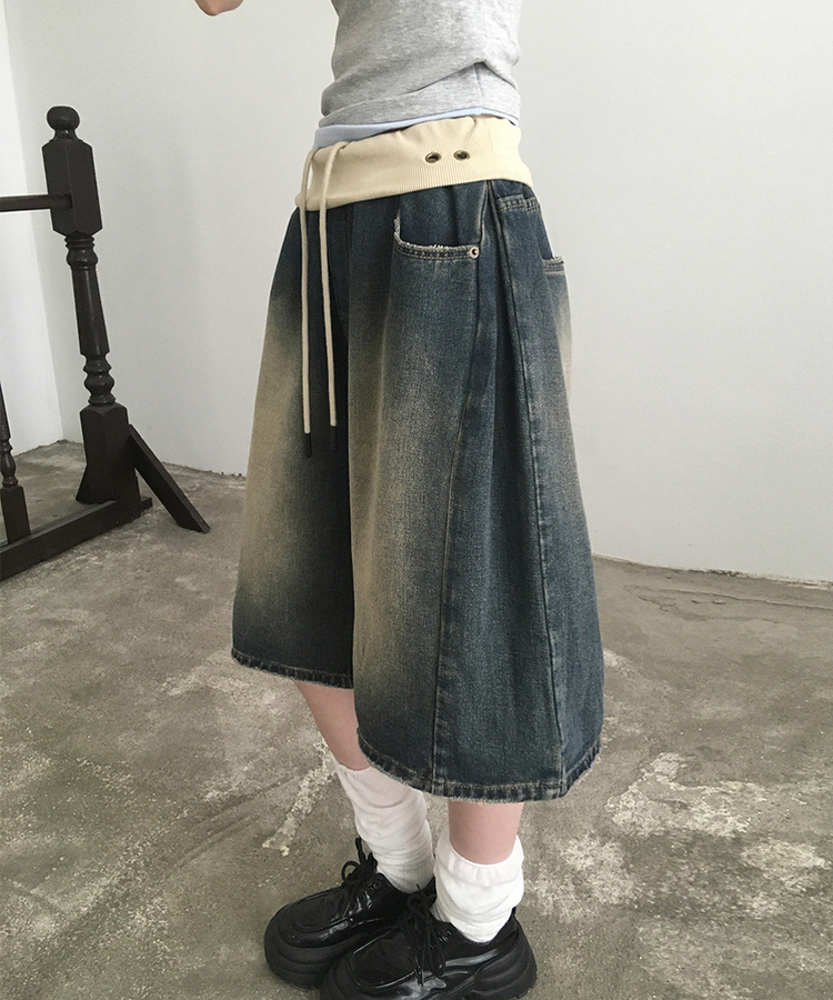 アイレットダメージバミューダデニムパンツ MID DENIM