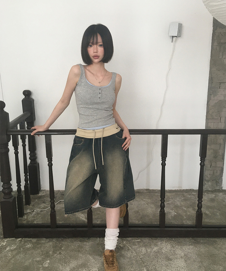 アイレットダメージバミューダデニムパンツ MID DENIM