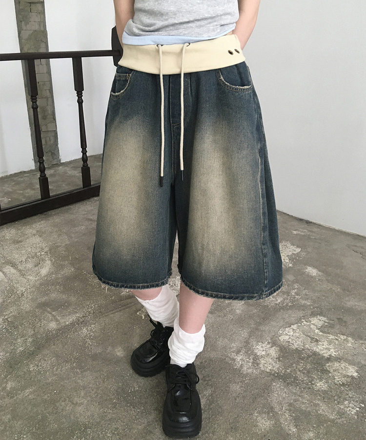 アイレットダメージバミューダデニムパンツ MID DENIM
