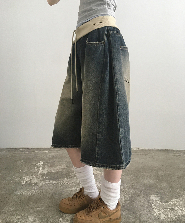 アイレットダメージバミューダデニムパンツ MID DENIM