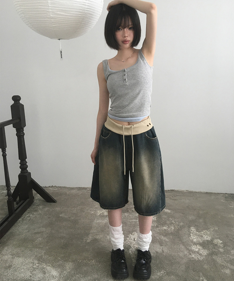 アイレットダメージバミューダデニムパンツ MID DENIM