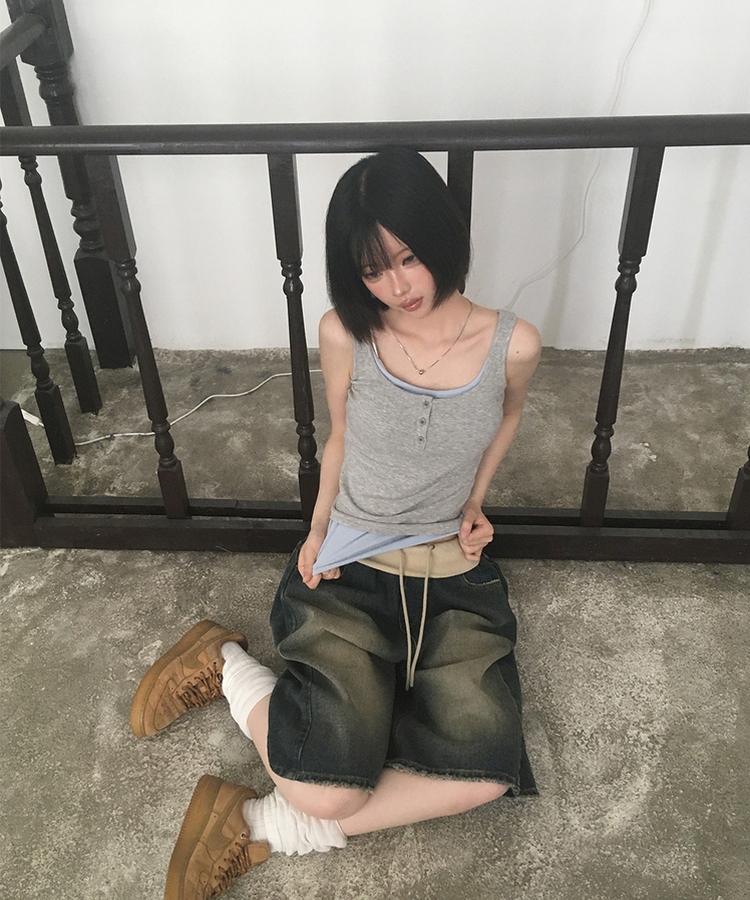 アイレットダメージバミューダデニムパンツ MID DENIM