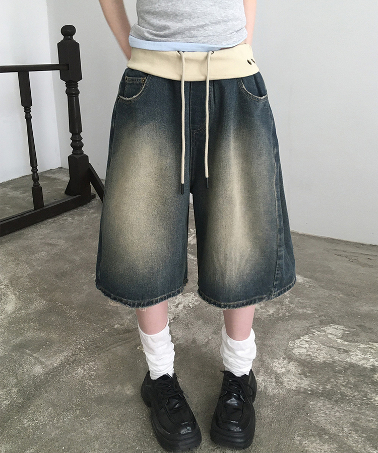 アイレットダメージバミューダデニムパンツ MID DENIM