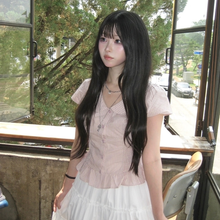 백리본 둥근카라 체크 스모킹 밴드 반팔 러블리 모리걸 블라우스 핑크