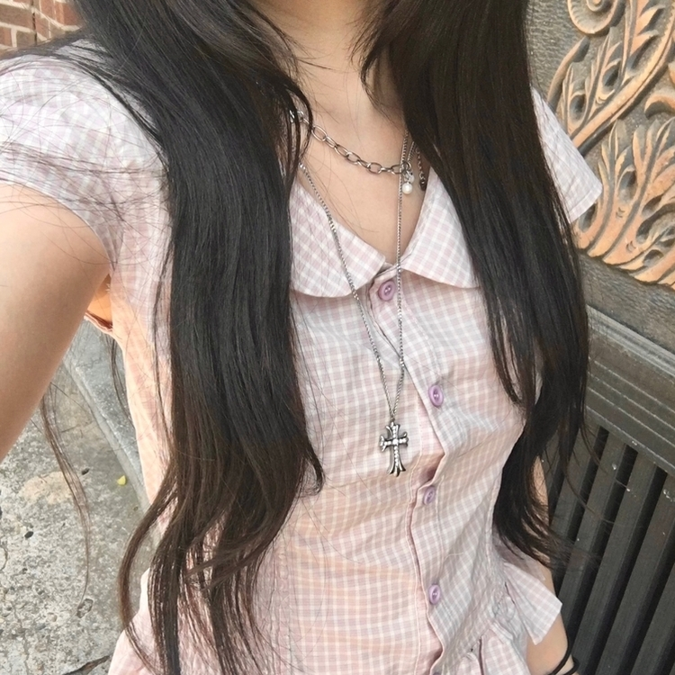 백리본 둥근카라 체크 스모킹 밴드 반팔 러블리 모리걸 블라우스 핑크