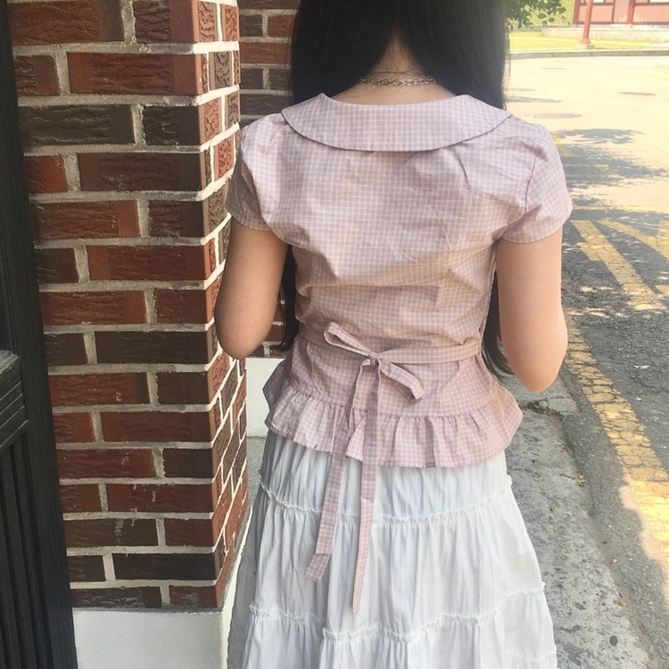 백리본 둥근카라 체크 스모킹 밴드 반팔 러블리 모리걸 블라우스 핑크