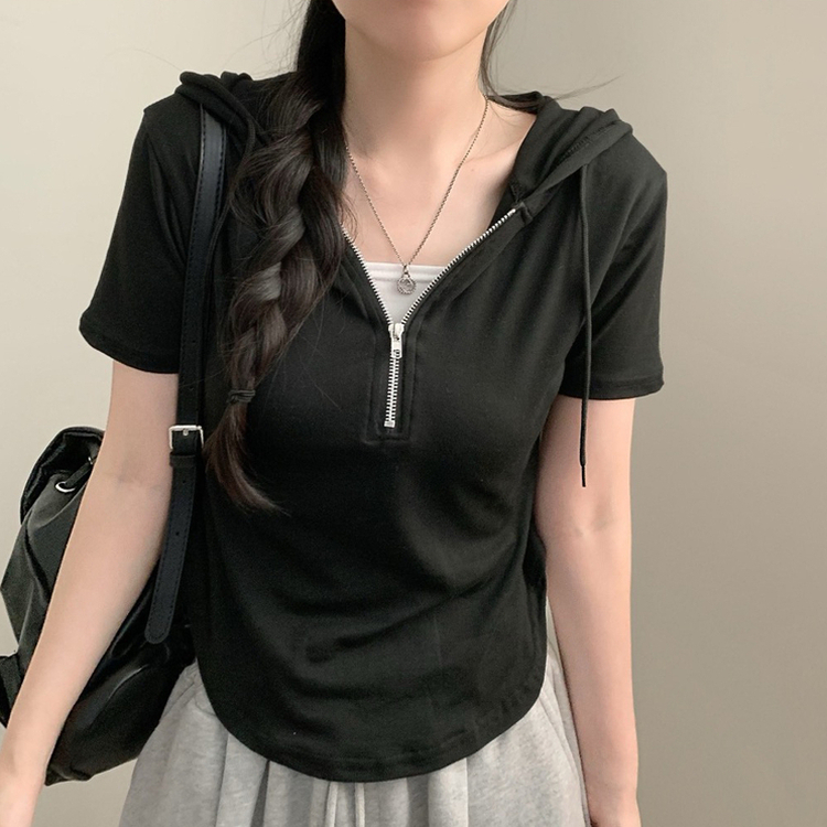 후드 반집업 굴림 둥근 밑단 쫀쫀 반팔 후드 후드티 여름 여름옷 여름 상의 블랙
