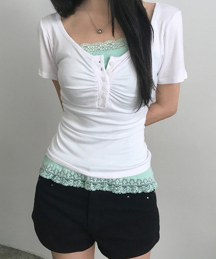 シャーリングボタンVネック半袖Tシャツ WHITE